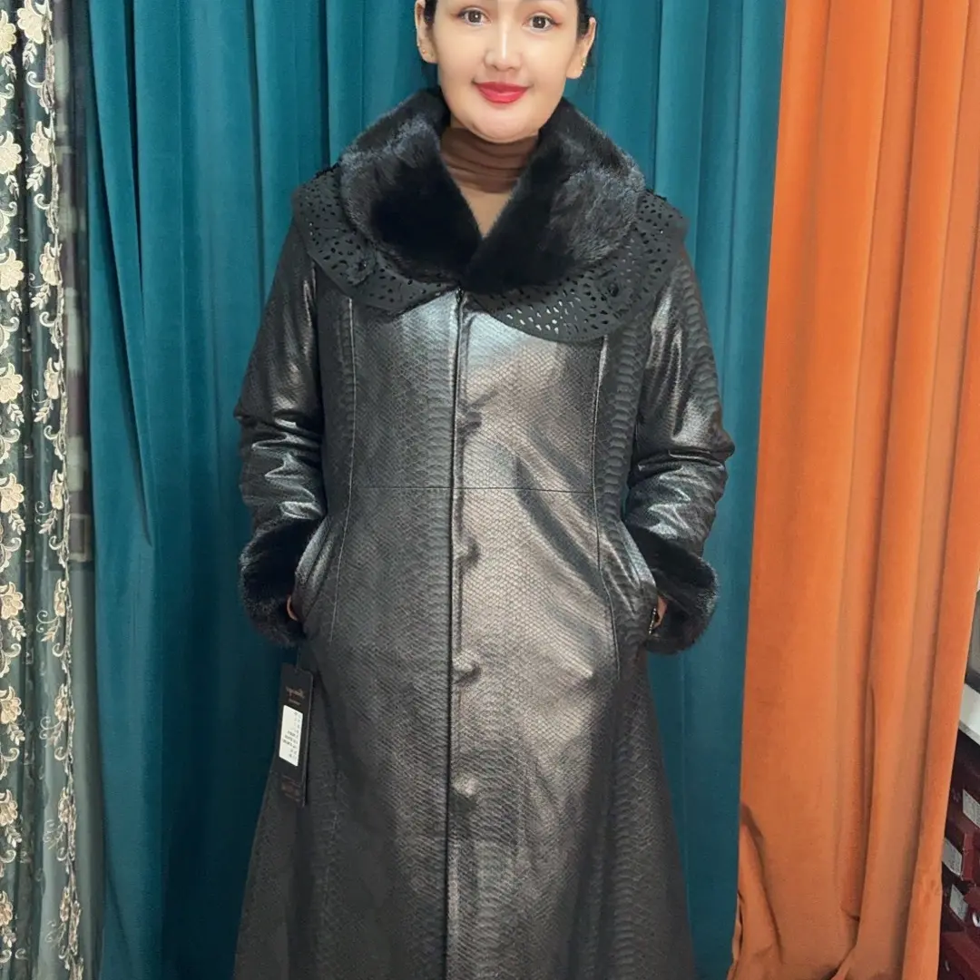 冬季新款领加绒中长款女士百搭气质真皮皮衣外套