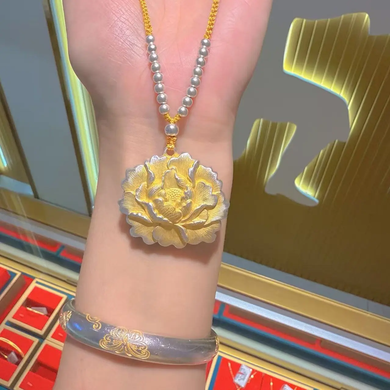 吊坠足银 足银吊坠  足银牡丹花吊坠银珠项链