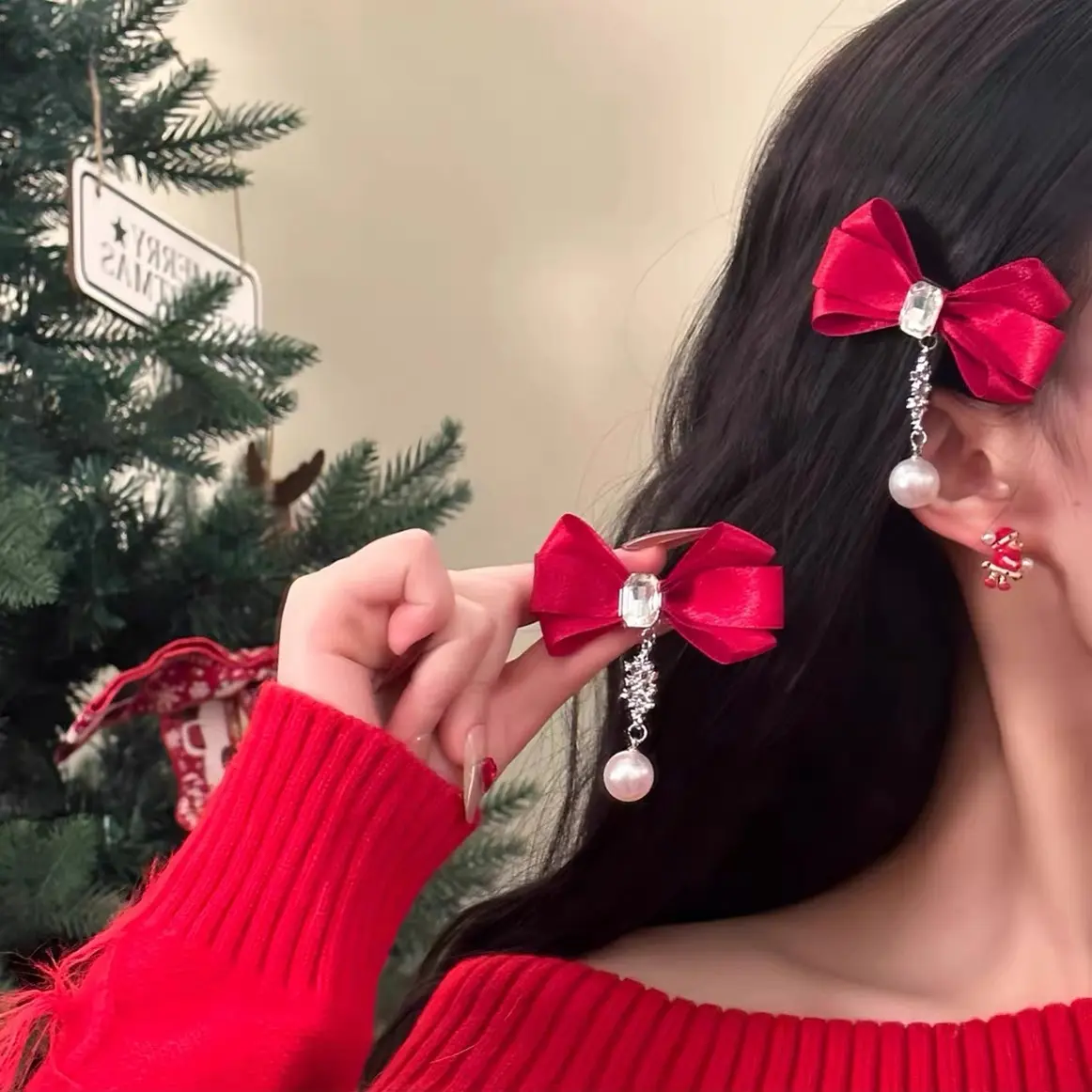 圣诞节甜美雪花珍珠蝴蝶结发夹秋冬节日氛围感侧边夹发饰