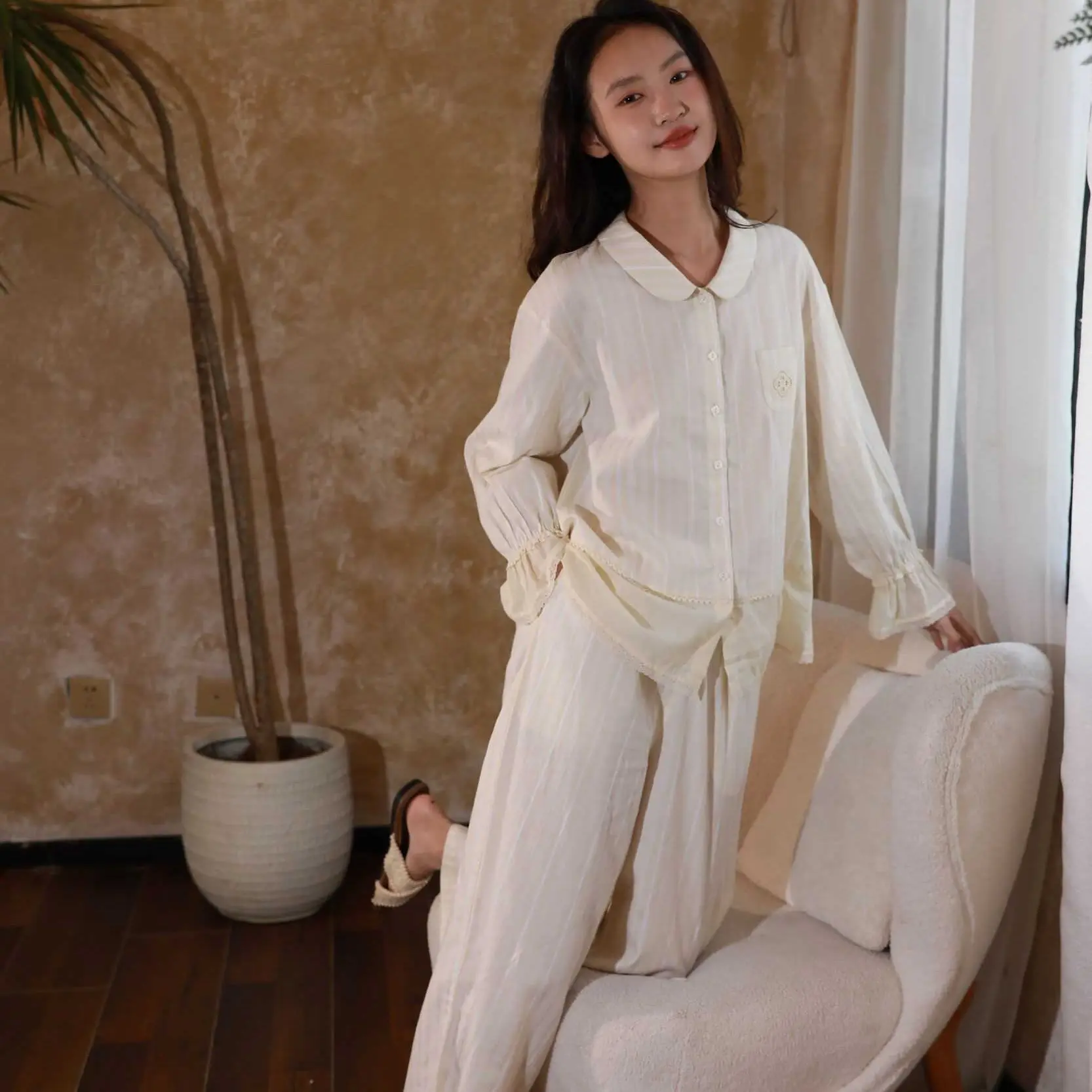 朵朵可可娃娃领对开荷叶袖女士长袖家居服套装睡衣薄款