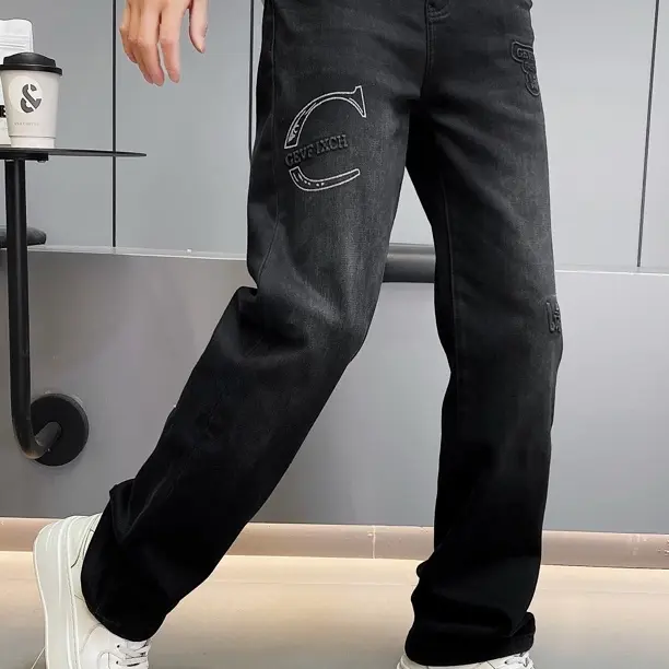 3001欧版男士黑色牛仔裤冬季抓毛潮流直筒百搭保暖厚款