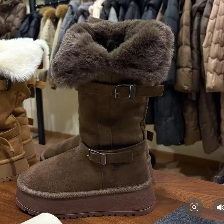 灰色长筒雪地靴女加绒加厚保暖防滑厚底翻毛中筒靴冬季棉鞋两穿