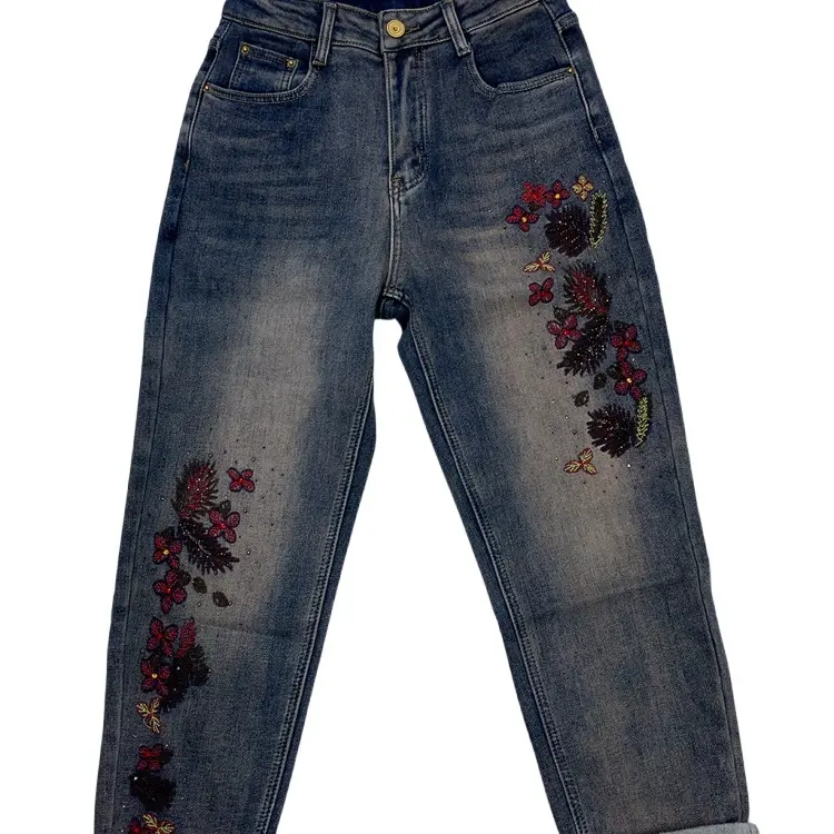 复古重工刺绣烫钻磨毛高腰显瘦百搭宽松牛仔老爹裤（无腰带）