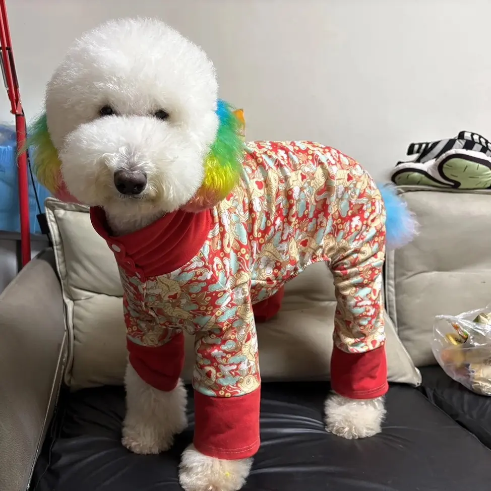 狗狗秋冬加厚保暖四脚衣红色喜气适合大型犬日常穿着