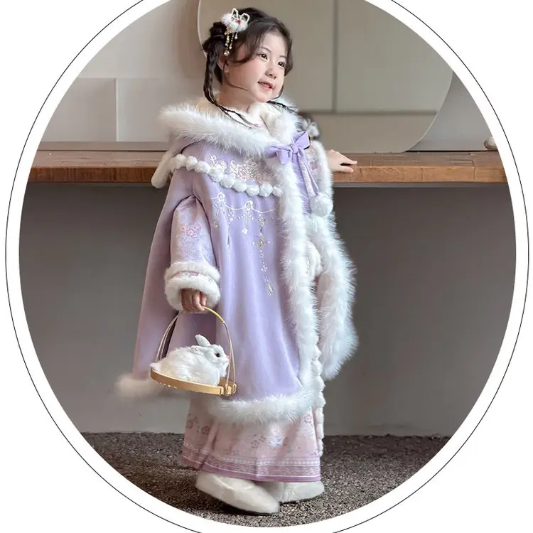 女童冬季古风加厚中长款连帽大斗篷汉服全套（整套汉服➕披风斗篷）