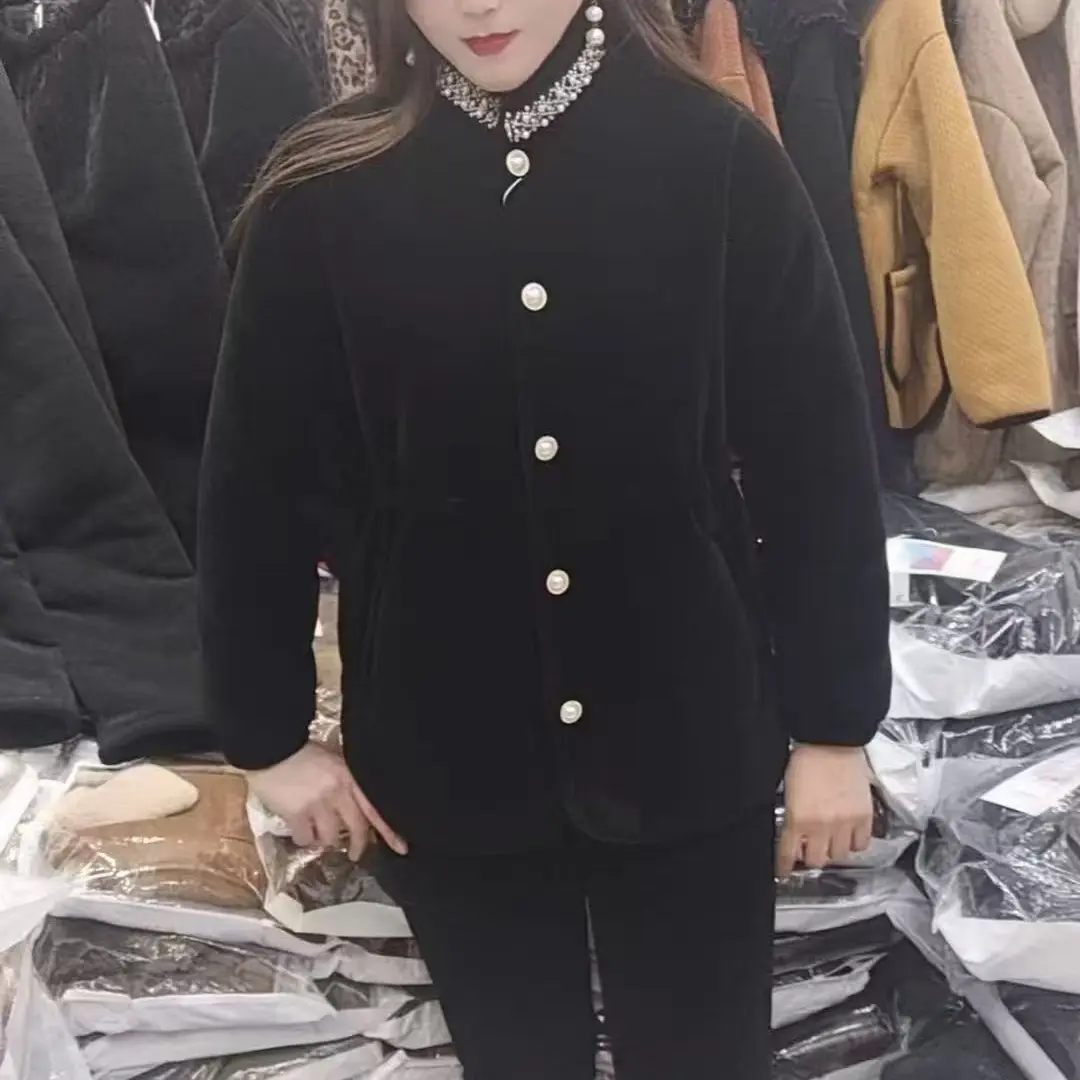 珍珠领洋气小香风加厚纯色棉衣家居服套装可外穿