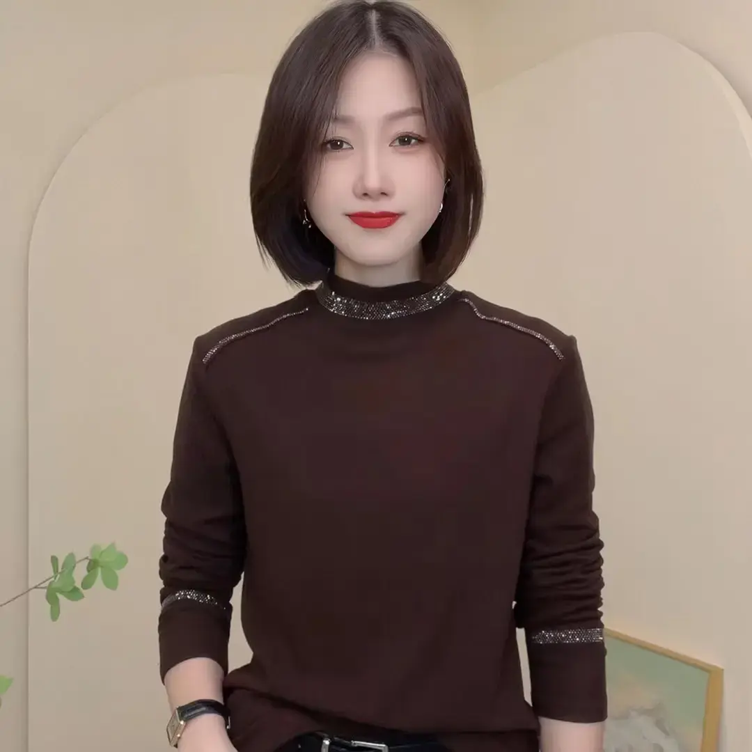 高档烫钻秋冬新款半高领修身气质打底衫德绒修身保暖长袖上衣女