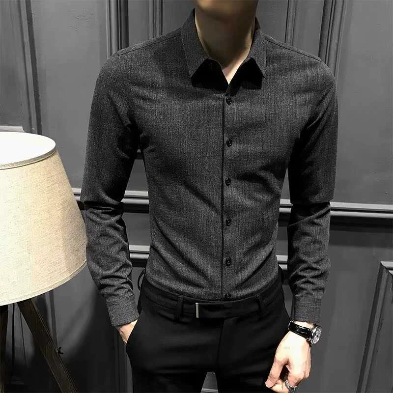 黑灰色磨毛衬衫男长袖韩版修身免烫抗皱休闲衬衣商务高端内搭寸衫