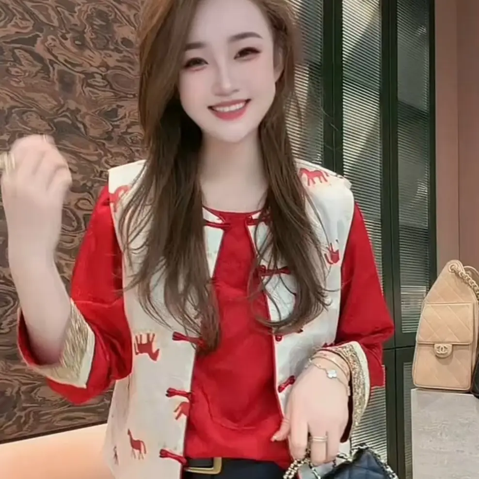 新中式国风马年刺绣加厚双面穿马甲女提花拼接袖口上衣套装