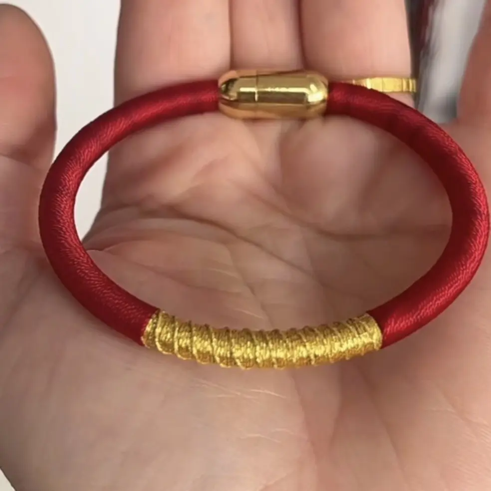 黄铜涤纶手链 含天然辰砂纯手工编织情侣款朱砂红绳手环