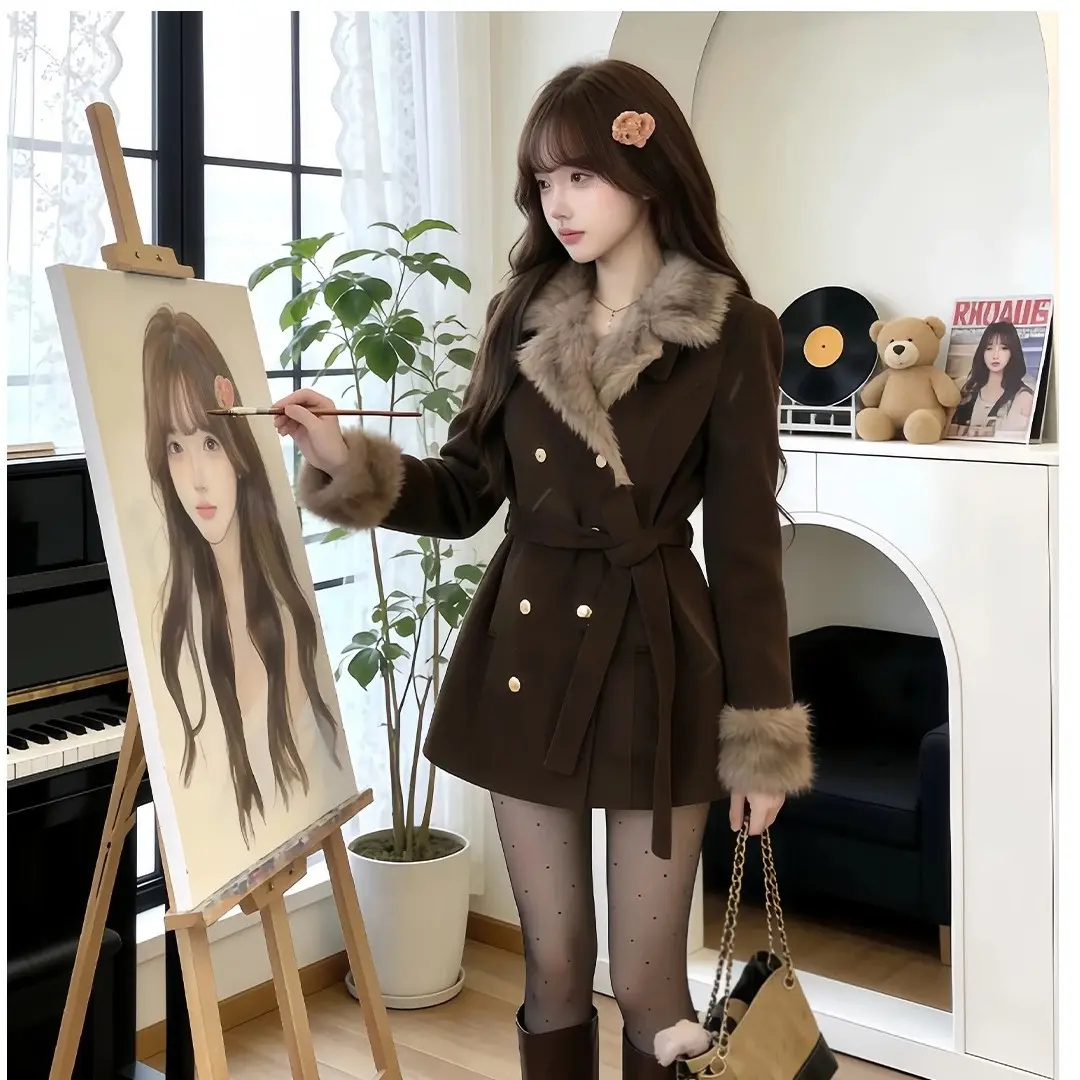 【现货】夹棉加厚千金氛围感系带收腰双排扣翻领毛呢大衣外套