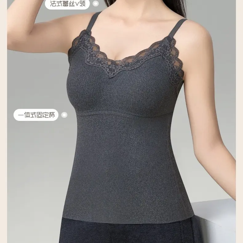 新品秋冬羊绒蚕丝V领蕾丝螺纹保暖二合一吊带百搭背心一体杯大码