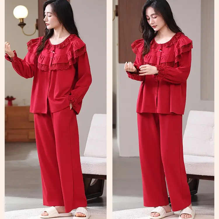 女士大红色本命年春秋长袖纯棉睡衣公主风家居服雷丝花边高端睡衣