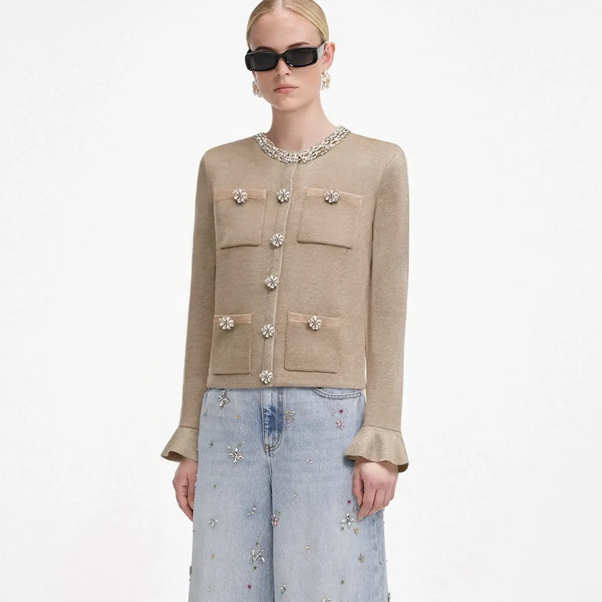 USHARK早春新款小香风金色钻饰优雅千金风轻奢针织开衫外套上衣