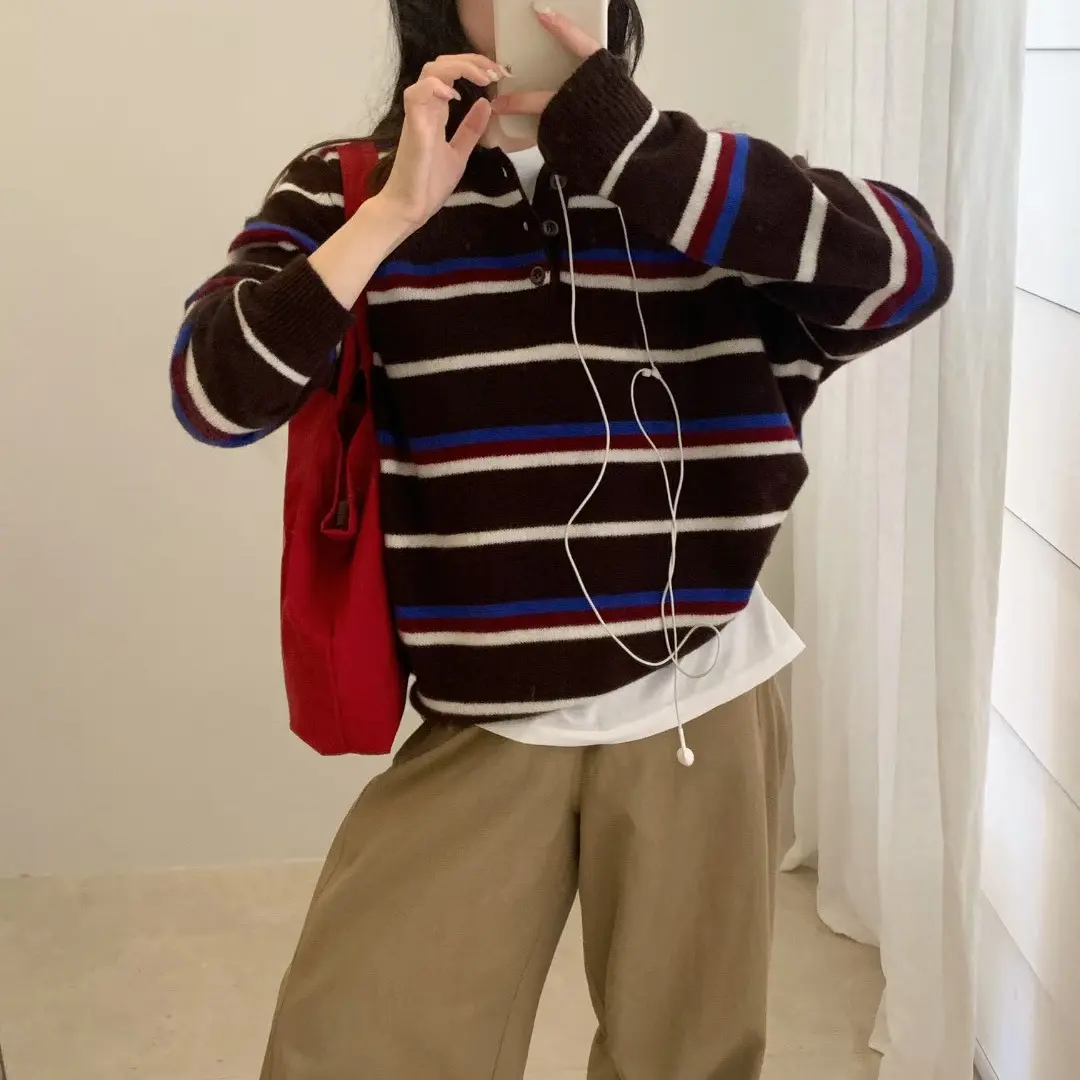 find Time-美式撞色条纹翻领半纽扣保暖毛衣含100绵羊毛60812