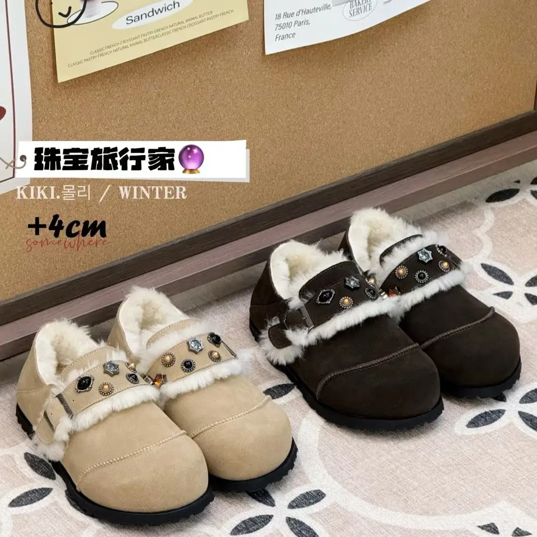 冬季加绒厚底勃肯鞋女韩版宝石防滑保暖舒适休闲百搭棉鞋