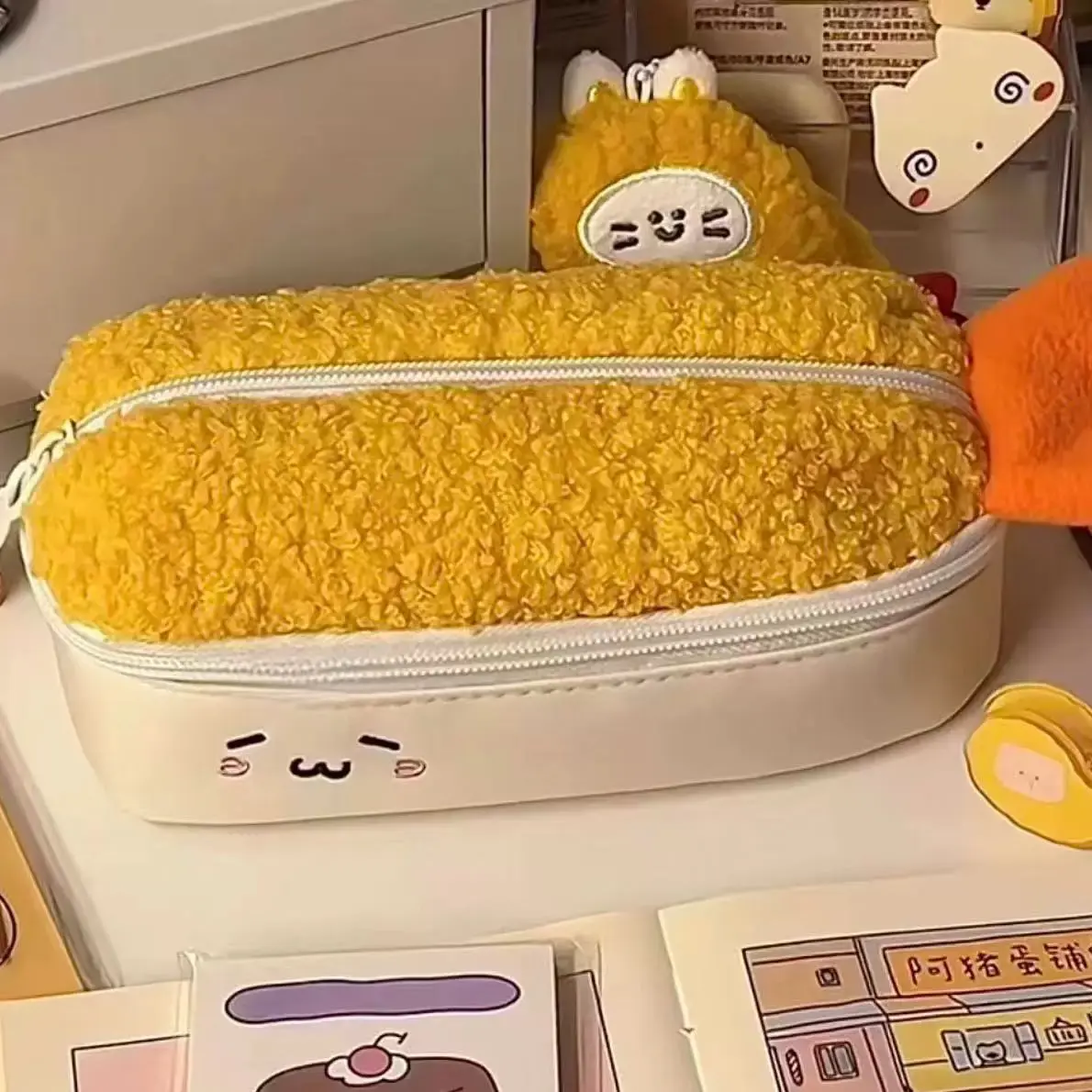 【毛绒炸虾】可爱卡通造型高颜值双层笔袋小初高中学生文具盒收纳袋