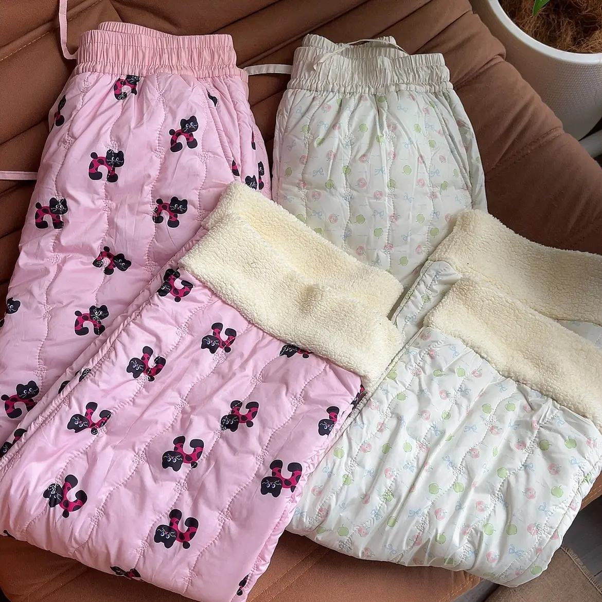 粉色防风羊羔绒阔腿女棉裤秋冬休闲外穿保暖加绒裤子