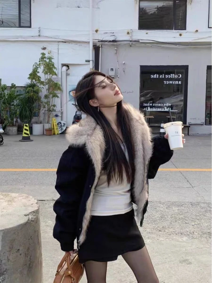 座山雕连帽毛绒绒外套女生冬季卡哇伊cleanfit保暖防寒棉服外套女