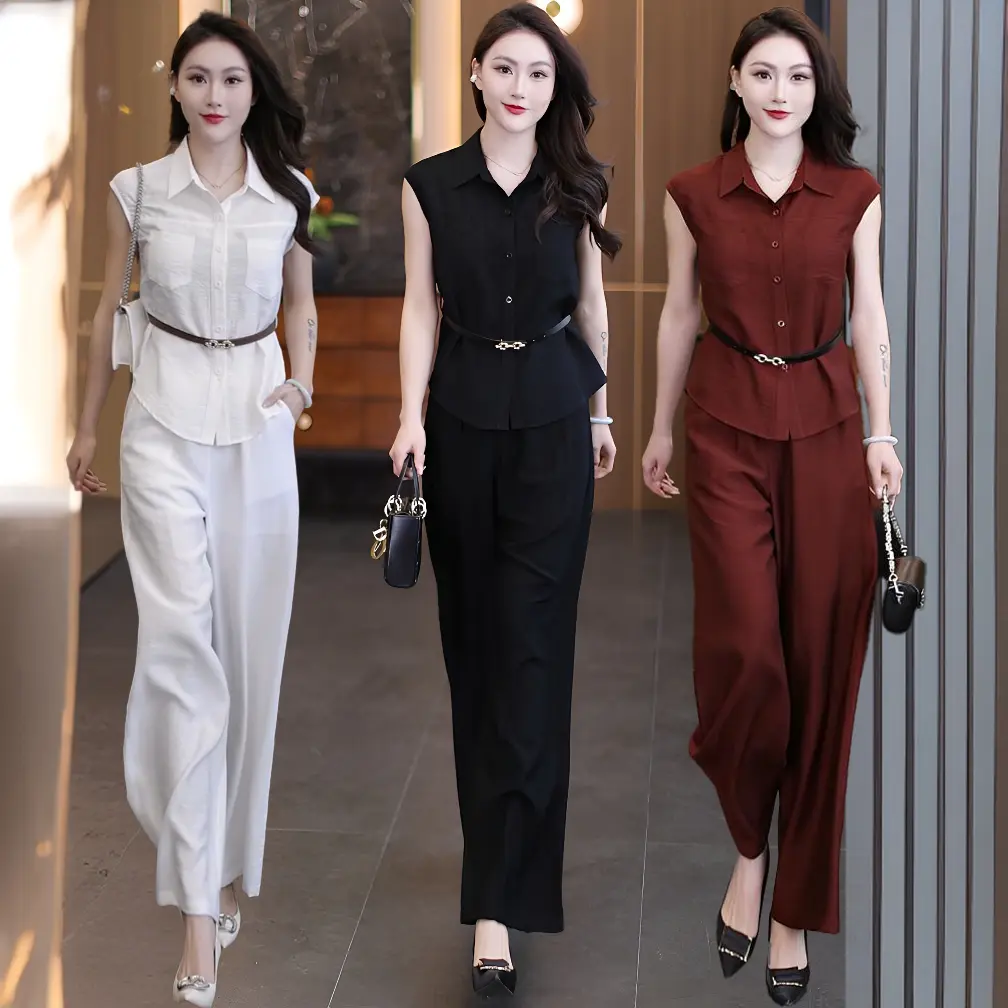 夏季冰丝麻防晒无袖衬衫阔腿裤套装洋气衣服女2025新款时尚两件套