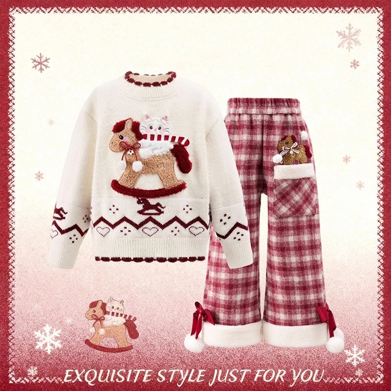 女童毛衣冬装2025新款洋气儿童女孩圆领卡通秋冬款针织衫打底上衣