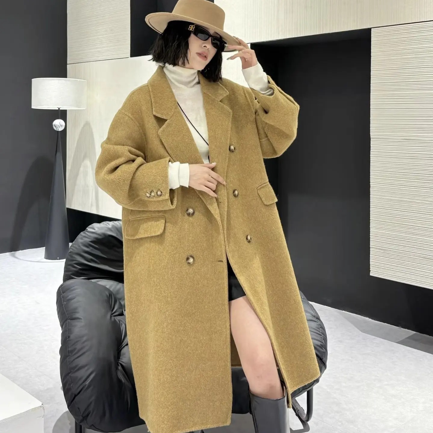 秋冬新款双排扣极简风长款双面羊绒外套气质大衣