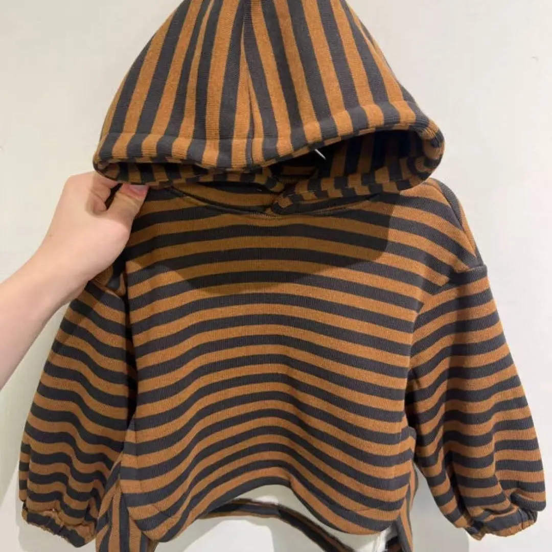 加绒条纹连帽卫衣秋冬加厚保暖摇粒绒内里男女童套头上衣外套