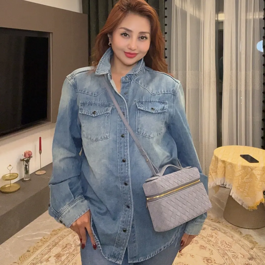 新款复古港洗蓝牛仔衬衫女长袖宽松百搭叠穿休闲衬衣外套