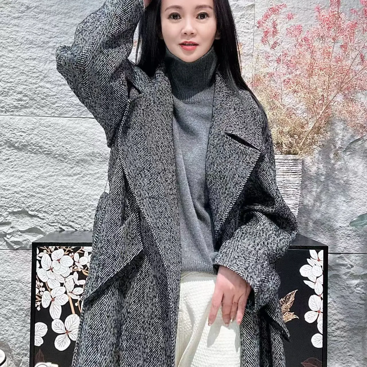 秋冬时尚宽松长款羊驼毛绵大衣外套