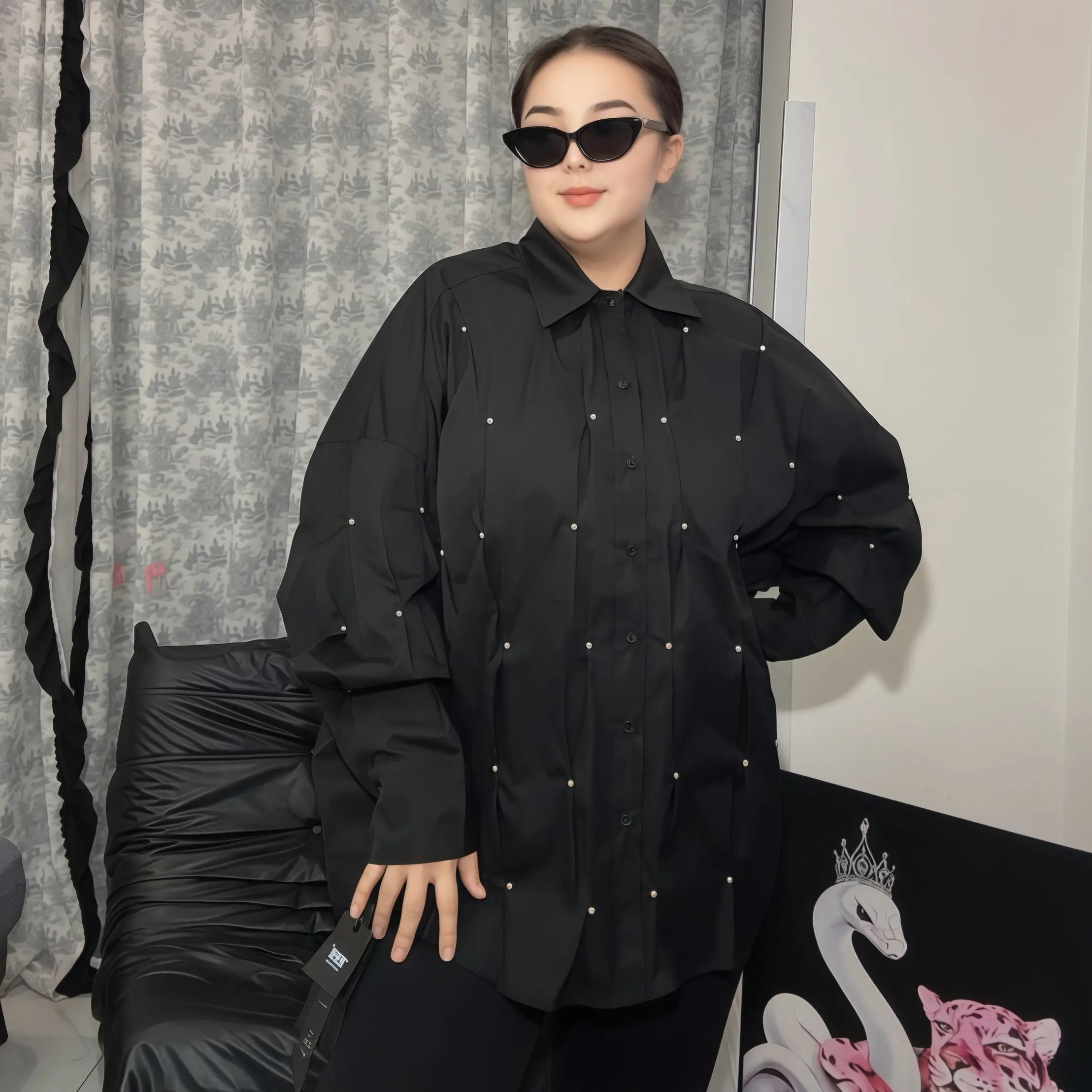 新款宽松钉珠褶皱设计中长款春秋衬衫