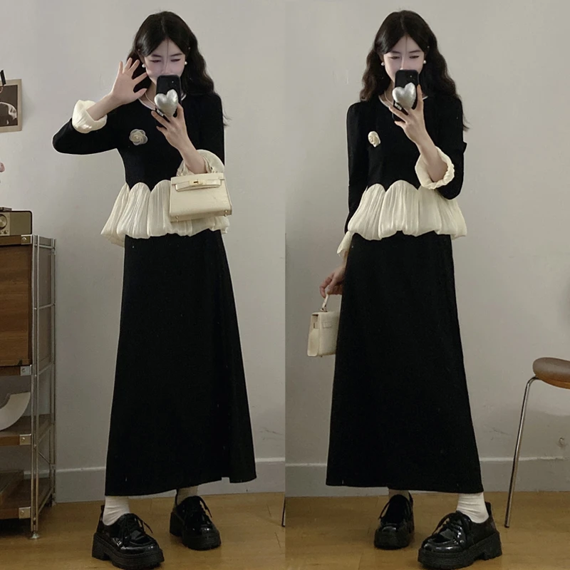 MO88ZSPF大码胖mm新款名媛风修身显瘦拼接蕾丝半身裙两件套装女