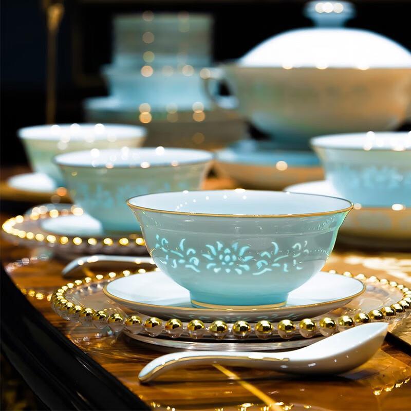 青瓷玲珑奢华餐具景德镇青瓷玲珑餐具套装碗盘家用 釉下彩高档