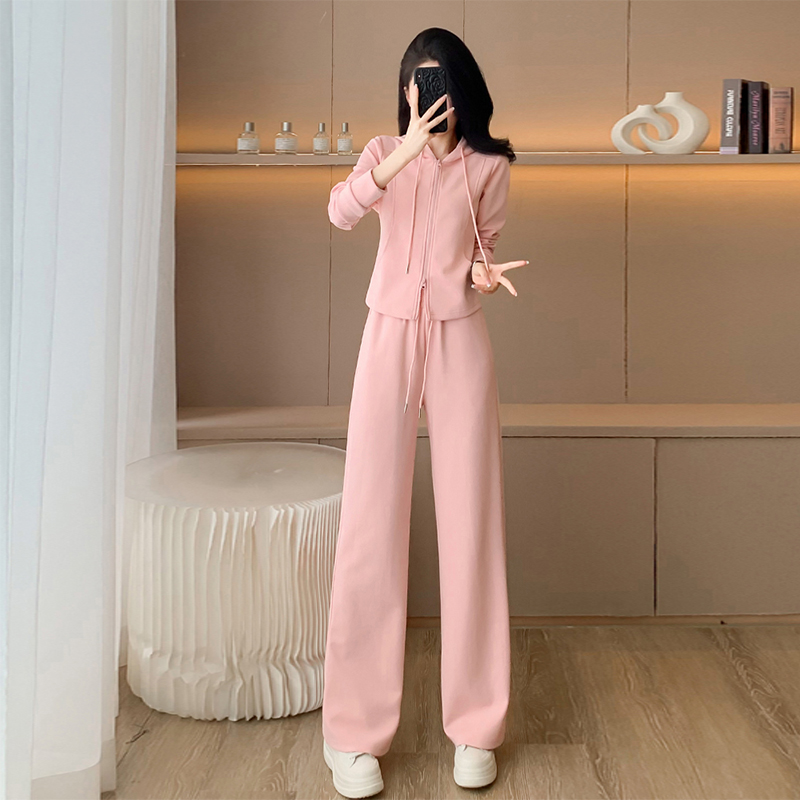 连帽卫衣休闲运动套装女秋2024新款粉色时尚炸街洋气阔腿裤两件套