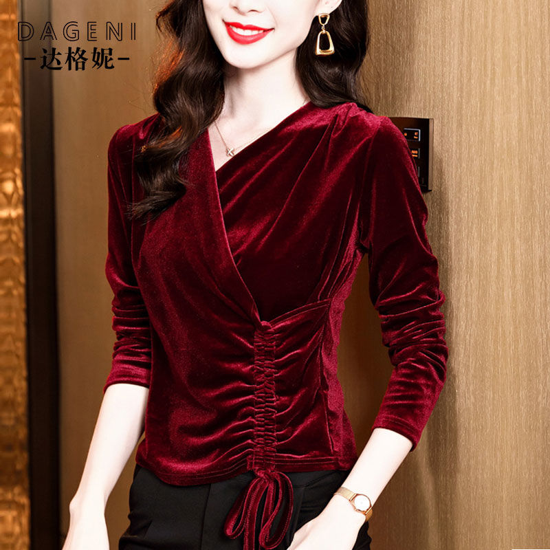 秋季新款交叉V领丝绒长袖上衣女装洋气收腰显瘦褶皱抽绳T恤小衫女