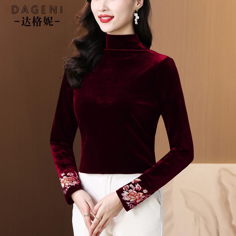 半高领丝绒长袖t恤女新中式国风绣花小衫内搭打底衫减龄高贵上衣