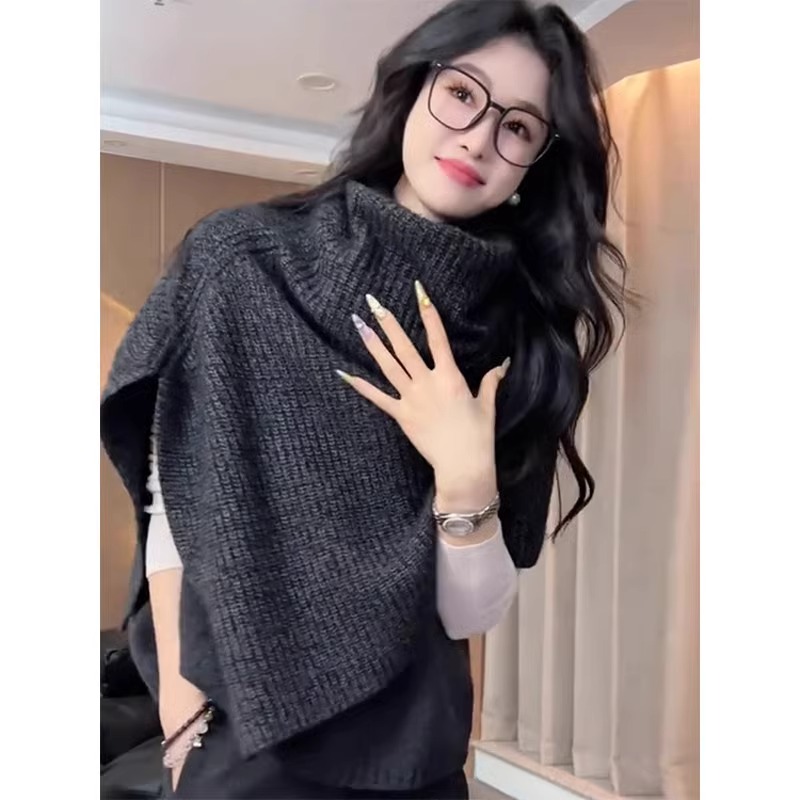 时髦深灰色百搭针织围脖围巾披肩针织女外搭叠穿保暖脖套开叉围脖