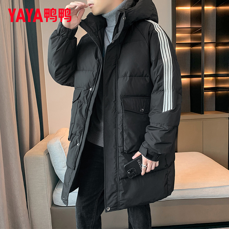 鸭鸭黑色羽绒服男2025新款连帽保暖加厚时尚连帽中长款都市风外套