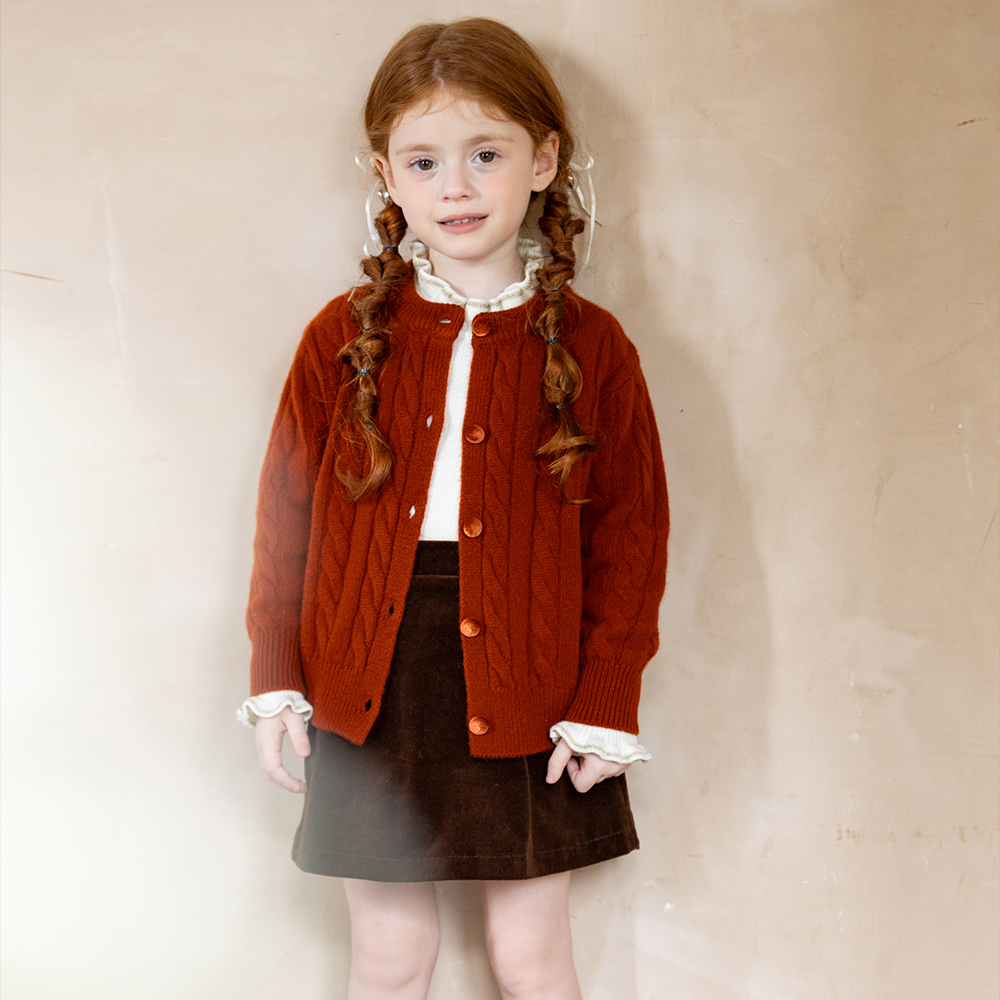 初煦 软糯!女童秋冬100%美利奴羊毛针织开衫宝宝红色麻花毛衣外套