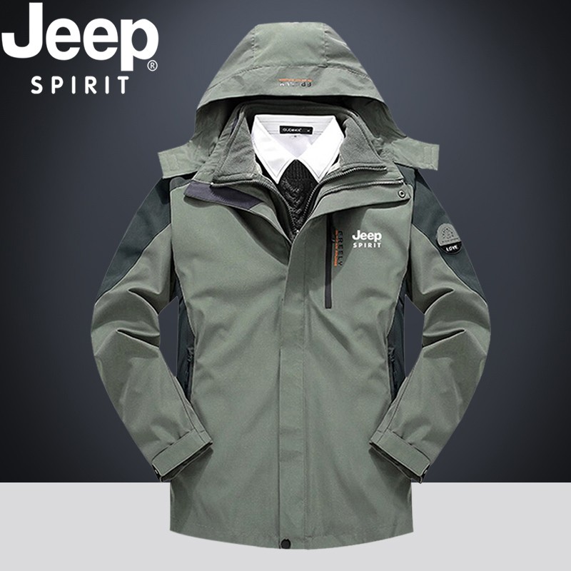 JEEPSPIRIT新款户外登山服男士潮加绒加厚内胆三合一冲锋衣两件套