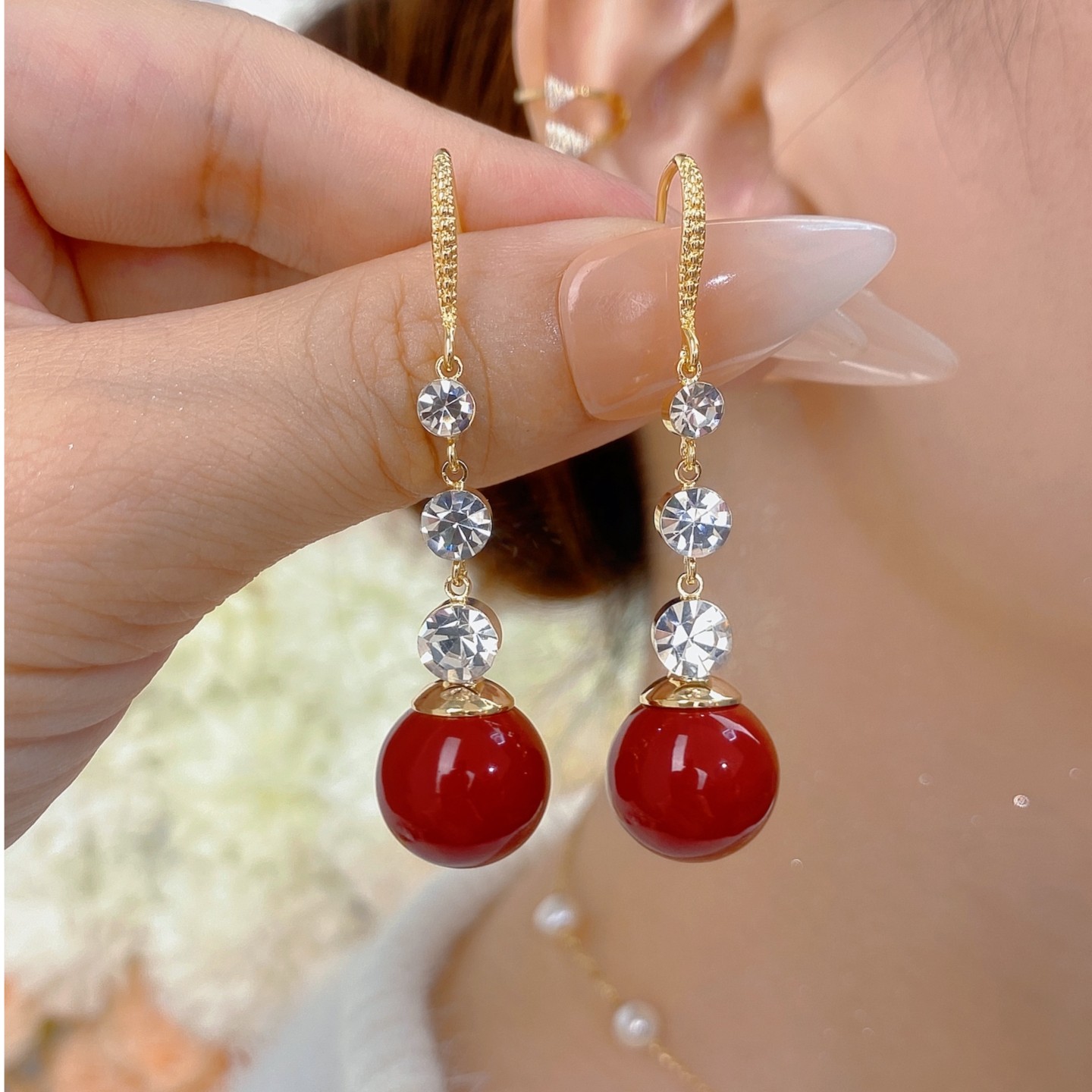 铜合金耳饰 鸿运当头耳环高级感气质轻奢时尚百搭红色精致长款