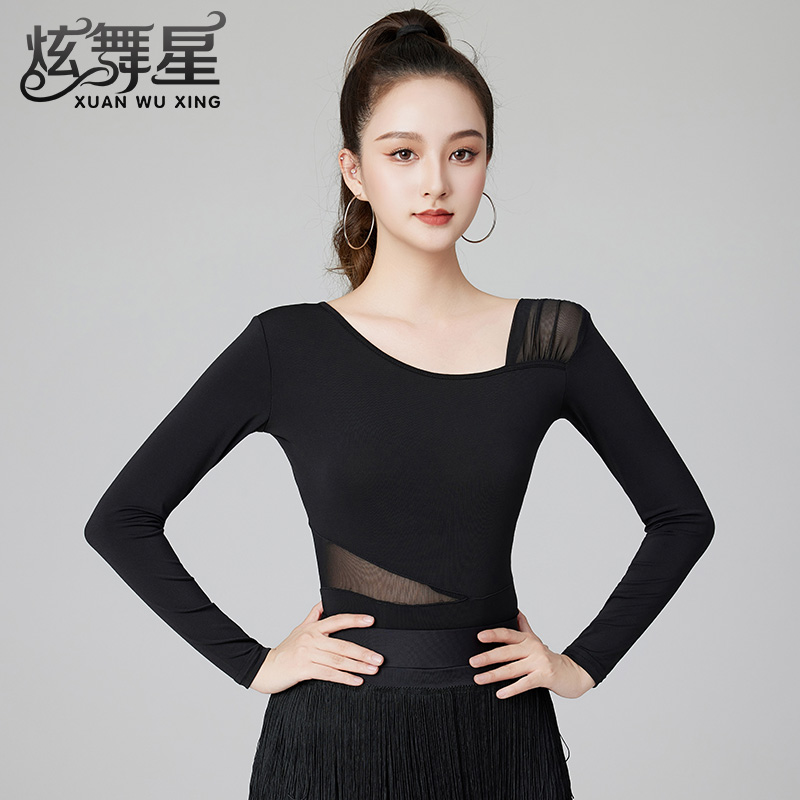 拉丁舞服女高档网纱拼接华尔兹舞服新款日常练功服长袖交谊舞上衣