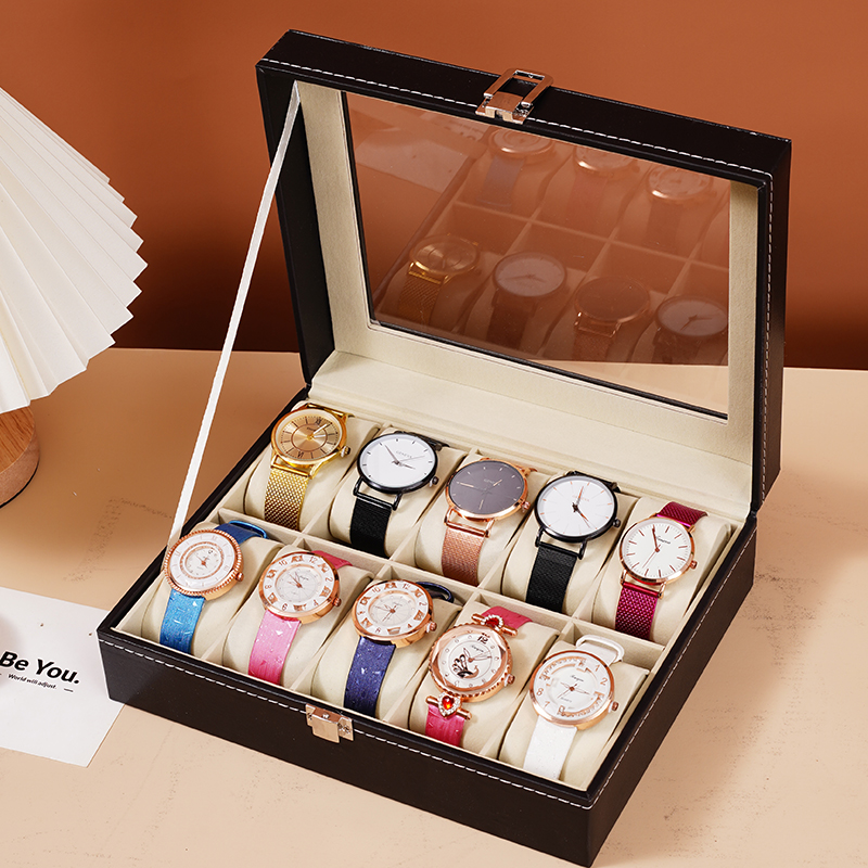 高颜值皮质手表收纳盒腕表开窗展示大容量带盖防尘防氧化手表箱子