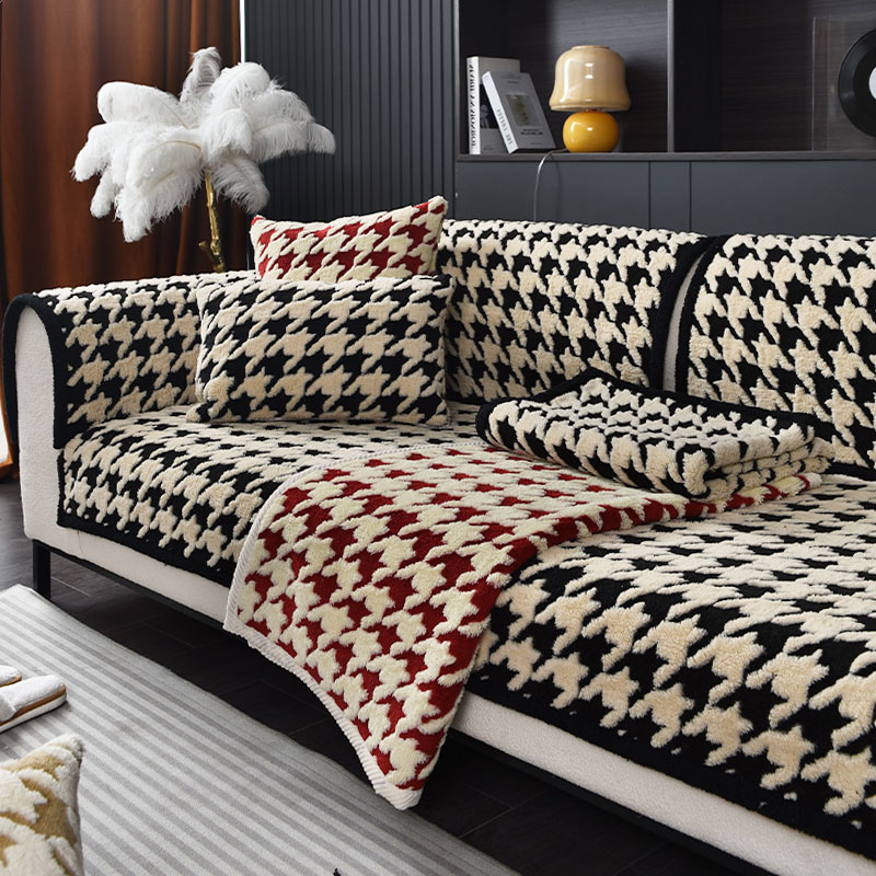 舒棉绒沙发垫冬加厚毛绒坐垫防滑皮沙发套罩新款盖布千鸟格高端