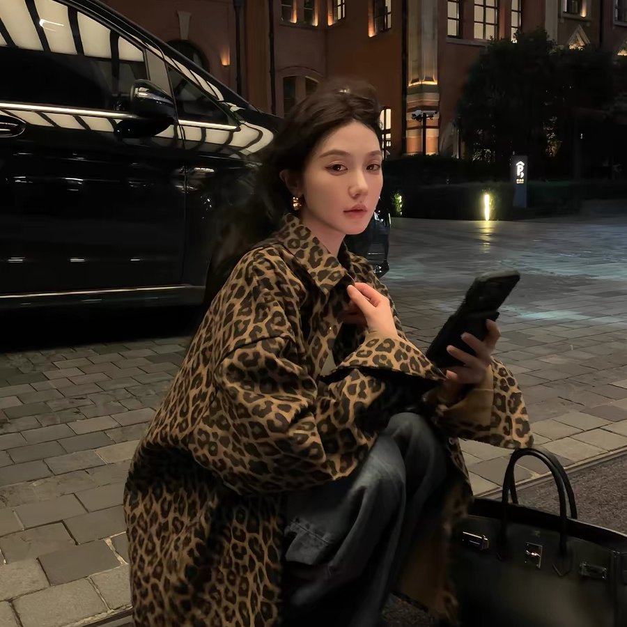 潮流雅痞髙街豹纹衬衫外套女春季美式复古百搭宽松显瘦休闲上衣