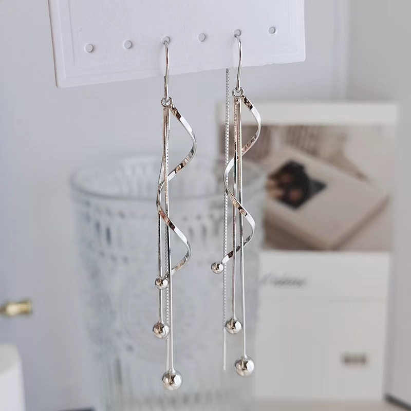925银耳饰 长款S925银简约百搭螺旋耳线流苏耳环轻奢耳坠耳钩气质