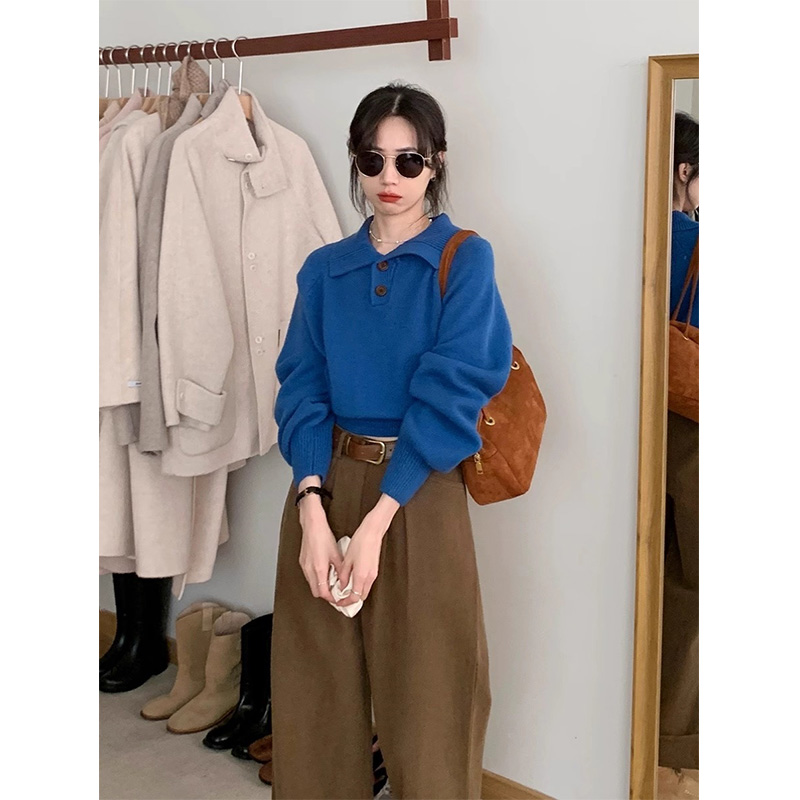 洋气高级感蓝色polo领慵懒风套头毛衣秋冬女装加厚针织衫翻领上衣