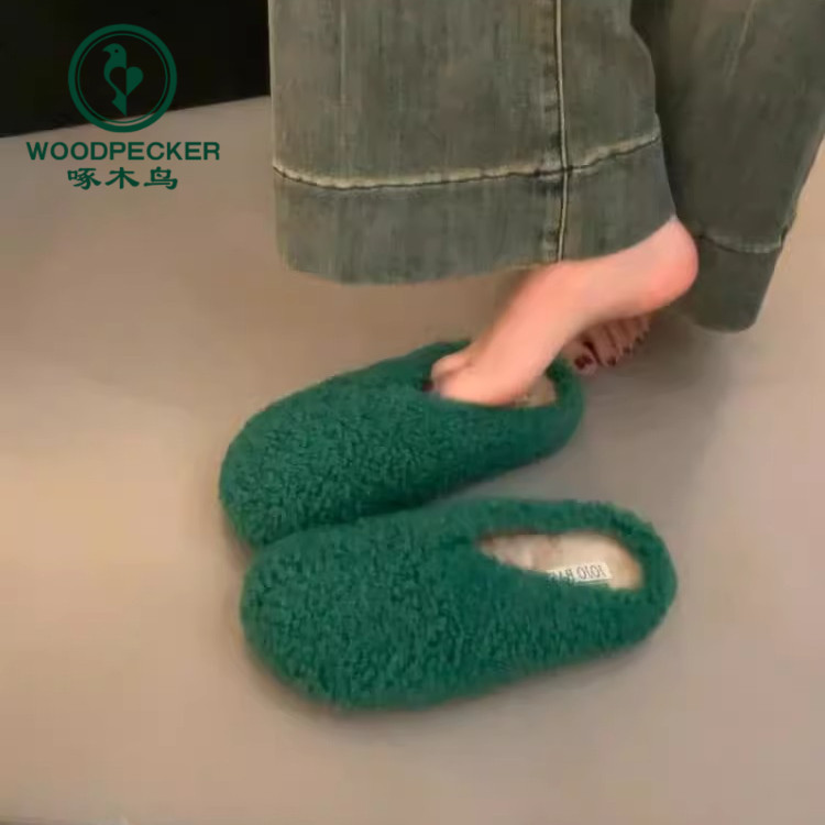 啄木鸟羊羔毛毛毛拖鞋女外穿仙女风包头半拖鞋加绒平底穆勒棉鞋