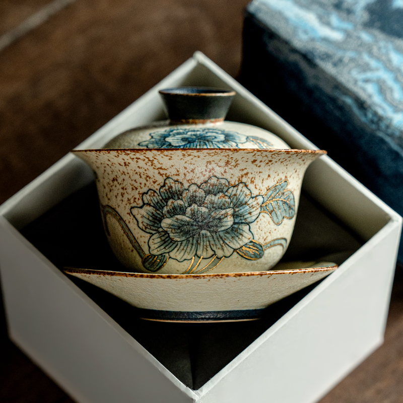 德白青花火石红三才盖碗茶杯家用纯手绘牡丹花泡茶器古风带盖茶碗