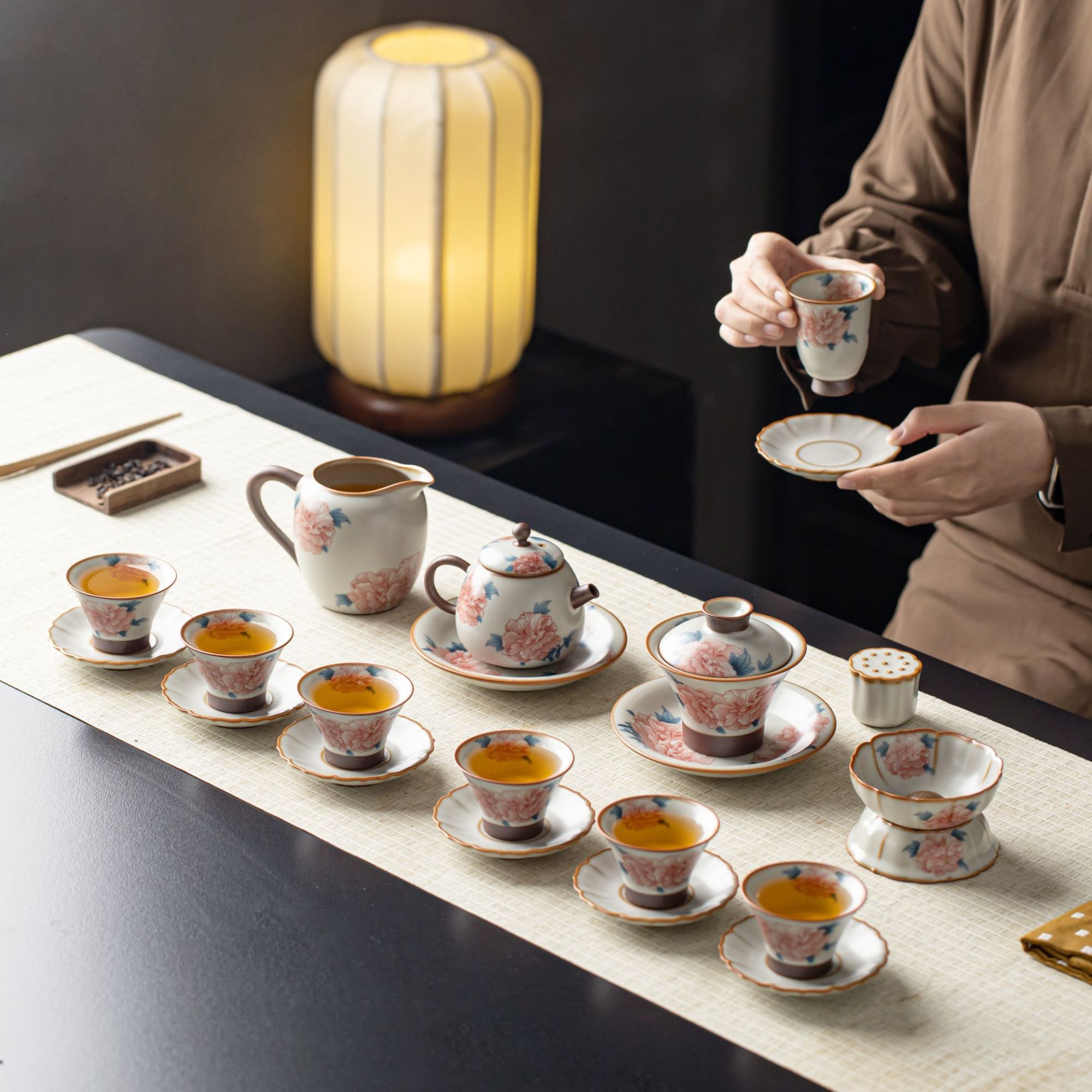 汝窑芙蓉花功夫茶具套装轻奢高档礼盒办公室开片盖碗泡茶壶送礼