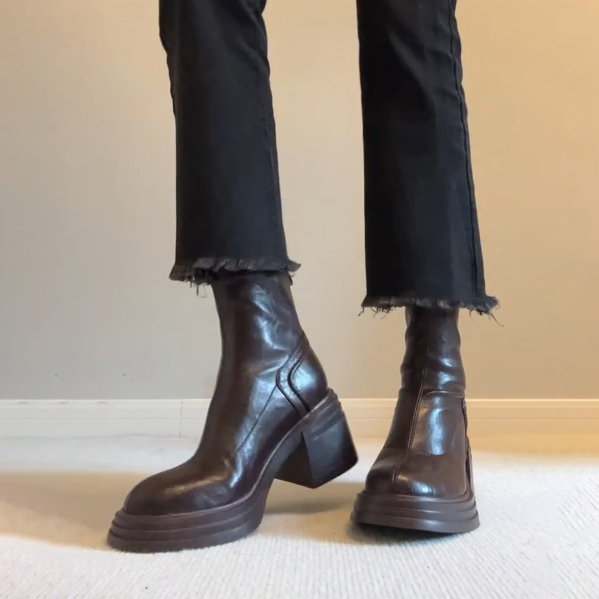 牛皮版~棕色复古真皮厚底马丁靴女高跟后拉链粗跟复古瘦瘦靴百搭